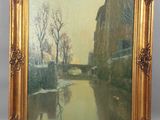 une peinture à l'huile représentant un paysage fluvial avec des bâtiments et des arbres