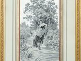 tableau représentant un homme et un chien dans un décor boisé
