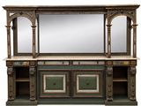 a large wooden cabinet with a mirror on top of it