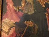 an old painting of a man with a long beard sitting on a chair