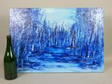 a painting of a river with trees and a bottle next to it