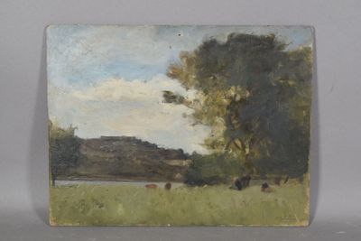 a picture of a painting of cows in a field