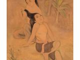 an image of a painting of a man and a woman sitting on the ground