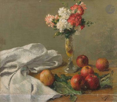 une peinture représentant un vase de fleurs et de fruits sur une table