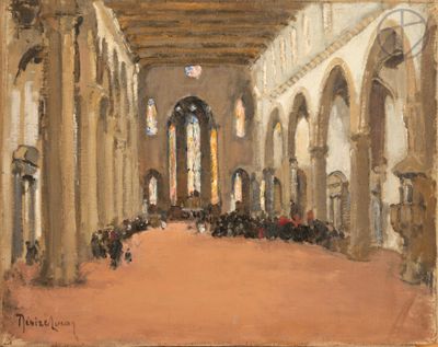 an oil painting of a church with many people inside of it