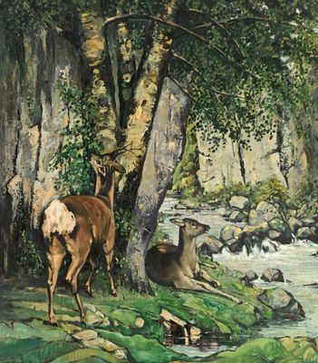 un tableau représentant un cerf et un autre cerf dans les bois