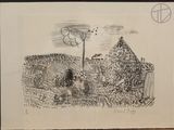 an image of a drawing of a farm scene with a tractor and hay