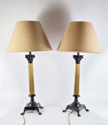 pair of antique brass and bronze table lamps with lampshads