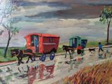 a painting of a horse drawn carriage on the road