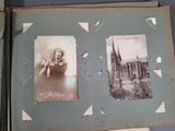two old photos of a woman and a man in front of a church