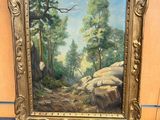 an oil painting of a forest scene with rocks and trees
