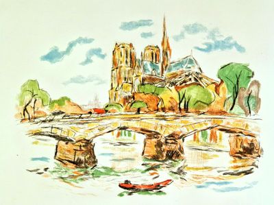 une peinture représentant un bateau sur une rivière, avec une église en arrière-plan