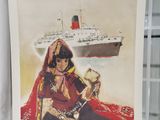 une affiche représentant une femme assise par terre devant un bateau