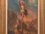 an old painting of jesus on the cross with a woman kneeling next to him