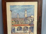 l'image d'une peinture représentant un bâtiment avec une tour d'horloge en arrière-plan