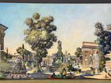 tableau représentant une vue d'un parc avec une fontaine et une statue