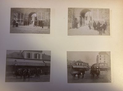 several old black and white photos of people and horses in a town