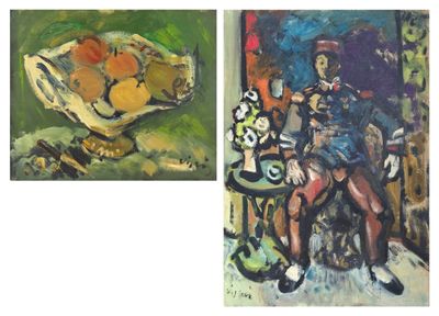 two paintings of a woman sitting at a table with a bowl of fruit and a bowl of oranges