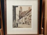 framed picture of a street scene with a horse and carriage in front of a building