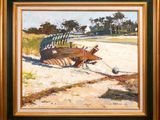 framed oil painting of a boat on the beach in a golden frame