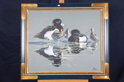 une peinture représentant un groupe de canards dans l'eau