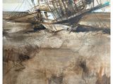 painting of a boat that is sitting on top of a beach