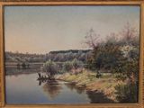 a picture of a painting of a river with people on it