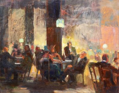 tableau représentant un groupe de personnes assises à une table dans un restaurant