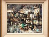 an oil painting of a boat in a harbor with buildings in the background