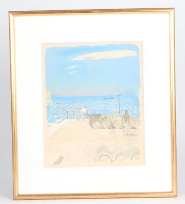 tableau représentant une scène de plage, dans un cadre doré sur fond blanc