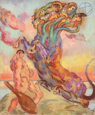 an oil painting of a man and a dog playing with a frisbee