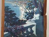 painting of a view of a beach with palm trees and a sea