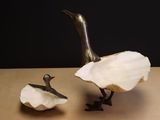 two birds that are standing next to each other on a table