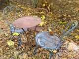 une petite table et des chaises au milieu des feuilles