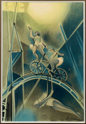 an image of a painting of a man riding a bike over a bridge