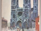 une peinture à l'huile représentant une église surmontée d'un clocher