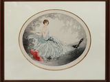 tableau représentant une femme en robe bleue assise sur un banc