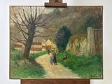 une peinture représentant un homme et une femme marchant sur un chemin