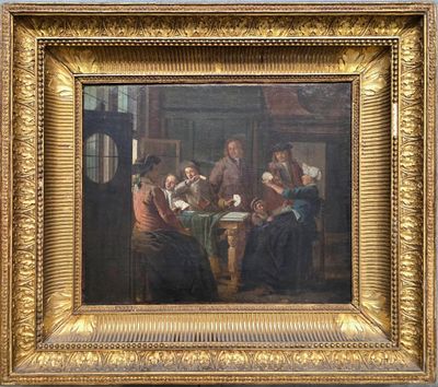 an oil painting of a group of people sitting around a table