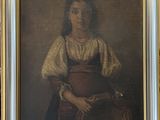 portrait d'une jeune fille tenant un bol et un panier, dans un cadre doré