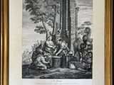 a framed print of a family gathering in a wooded setting