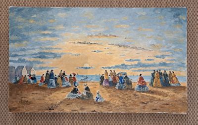 a painting of a group of people sitting on the beach