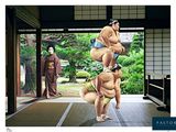 un tableau représentant deux lutteurs de sumo dans une posture d'équilibre sur les mains