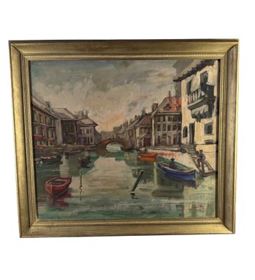 une peinture à l'huile représentant un canal avec des bateaux et des bâtiments en arrière-plan