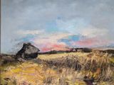a painting of a field with a barn in the distance