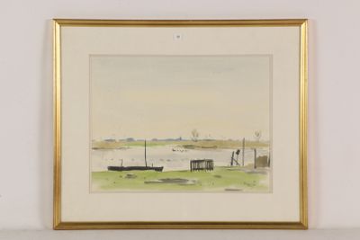 framed watercolor painting of a boat on a lake with a dock