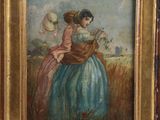 tableau représentant deux femmes dans un champ avec un panier de fleurs