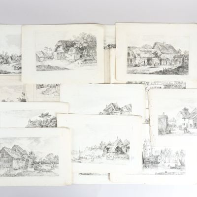 Plusieurs dessins représentant des maisons et des bâtiments sont représentés sur une surface blanche.