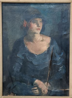 tableau représentant une femme en robe bleue tenant un couteau