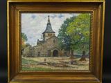 une peinture à l'huile représentant une église surmontée d'un clocher